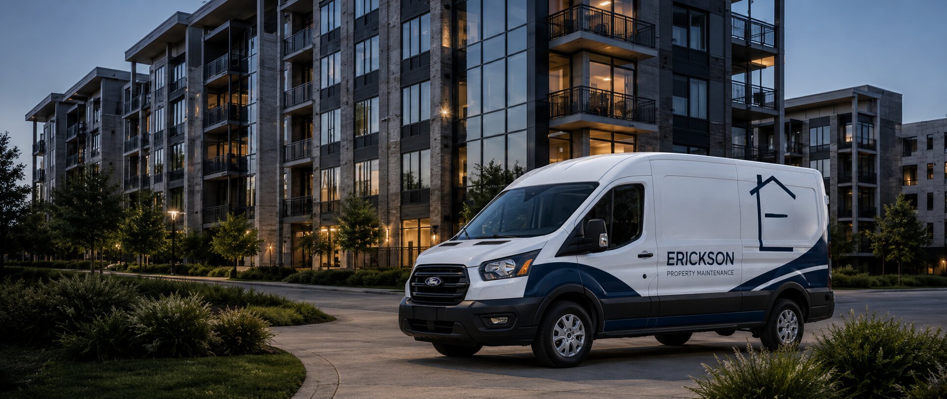Erickson Property Maintenance service van parked outside a multifamily apartment community in the evening